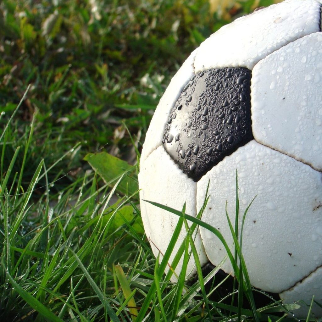 A photo of a football on the grass