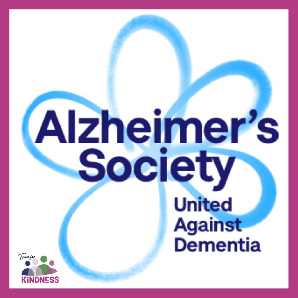 The Alzheimer's Society logo on a white background with a pink border. The Time for Kindness logo in the bottom left.