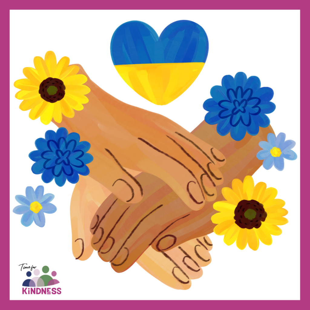 3 hands with different skin colours on top of each other surrounded by blue and yellow flowers. Above them is a heart in blue and yellow.