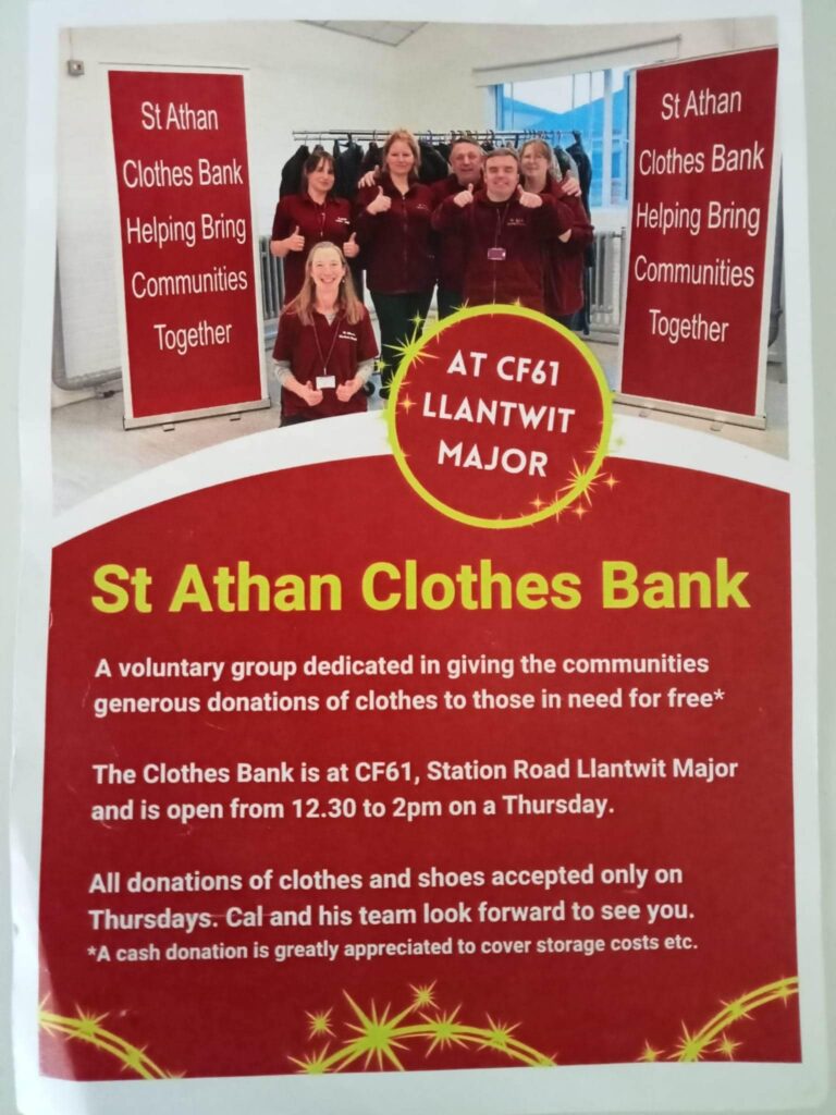 a flyer for St Athan Clothes Bank with a photo of 6 volunteers wearing matching red tops all giving the thumbs up. Below are details of where the clothes bank is and what it does.