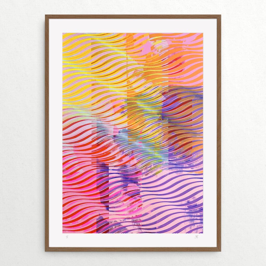 Rogue Waves 7a, a screenprint shown mounted and framed. The image is an abstract of a repeating wave pattern with colours ranging from the top from yellow, orange down through pinks and green to darker pink and mauve at the bottom.
