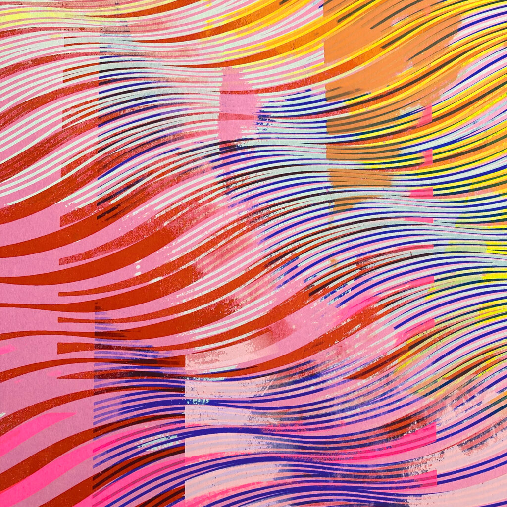 Rogue Waves 7a, a screen-print shown mounted and framed. The image is an abstract of a repeating wave pattern with colours ranging from the top from yellow, orange down through pinks and green to darker pink and mauve at the bottom. Image 2: A close-up detail of the screenprint Rogue Waves
