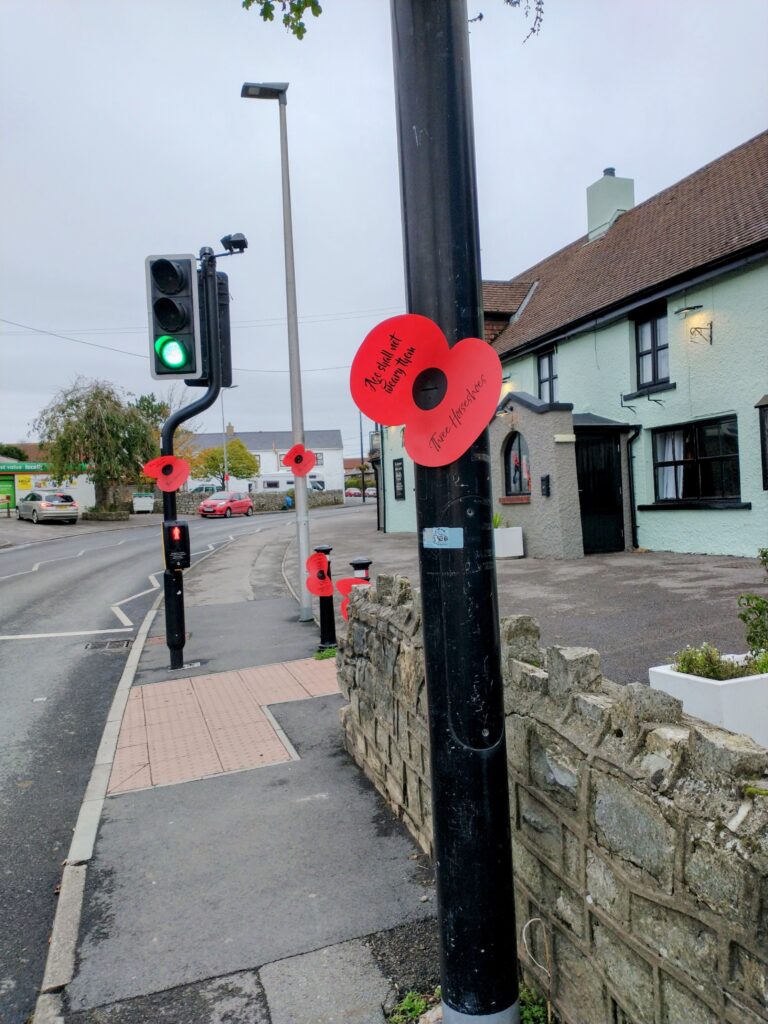 Large red poppies with names written on them tied to lamp posts and traffic lights along a road beside a pub.