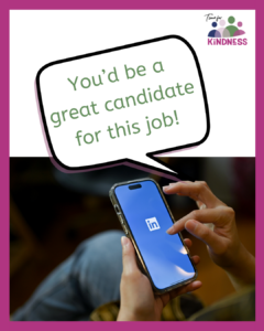 A hand holding a phone opening the LinkedIn app. A speech bubble above reads "you'd be a great candidate for this job!"