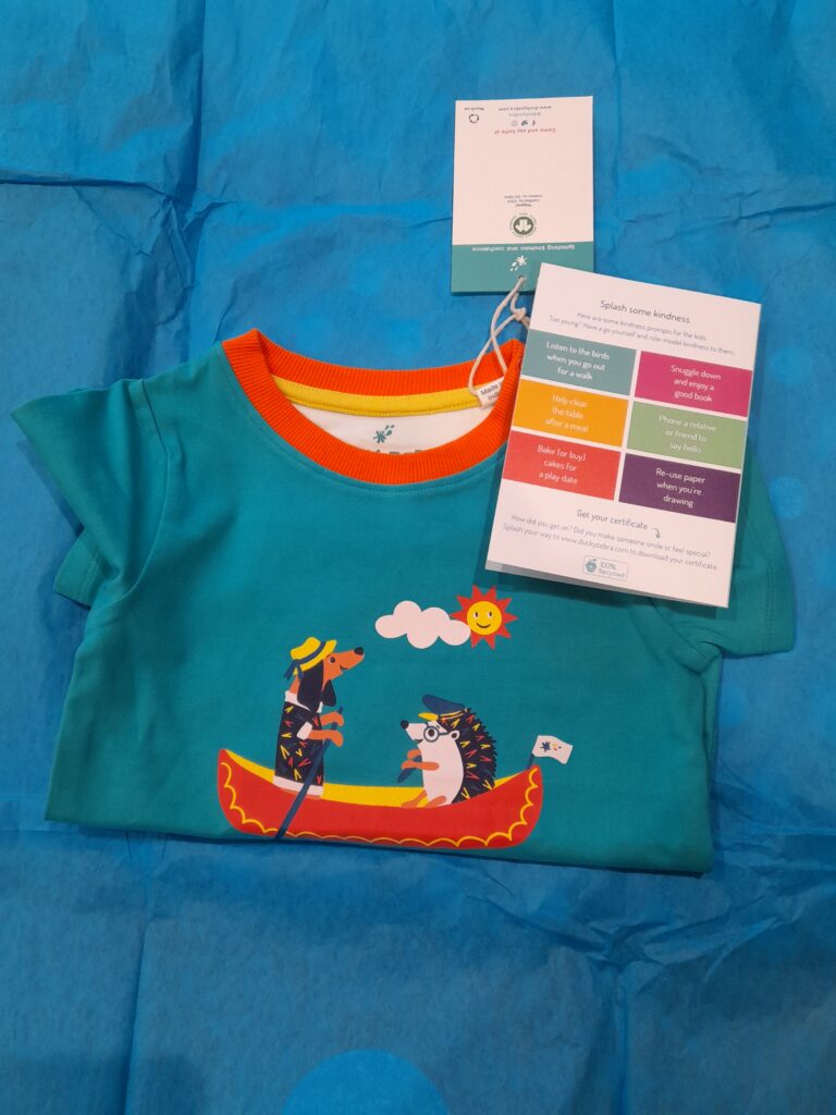 a dark turquoise t-shirt with orange neck. On the front is a dog and a hedgehog in a row boat on a sunny day. On top of the t-shirt is a card with 6 different coloured boxes on it.