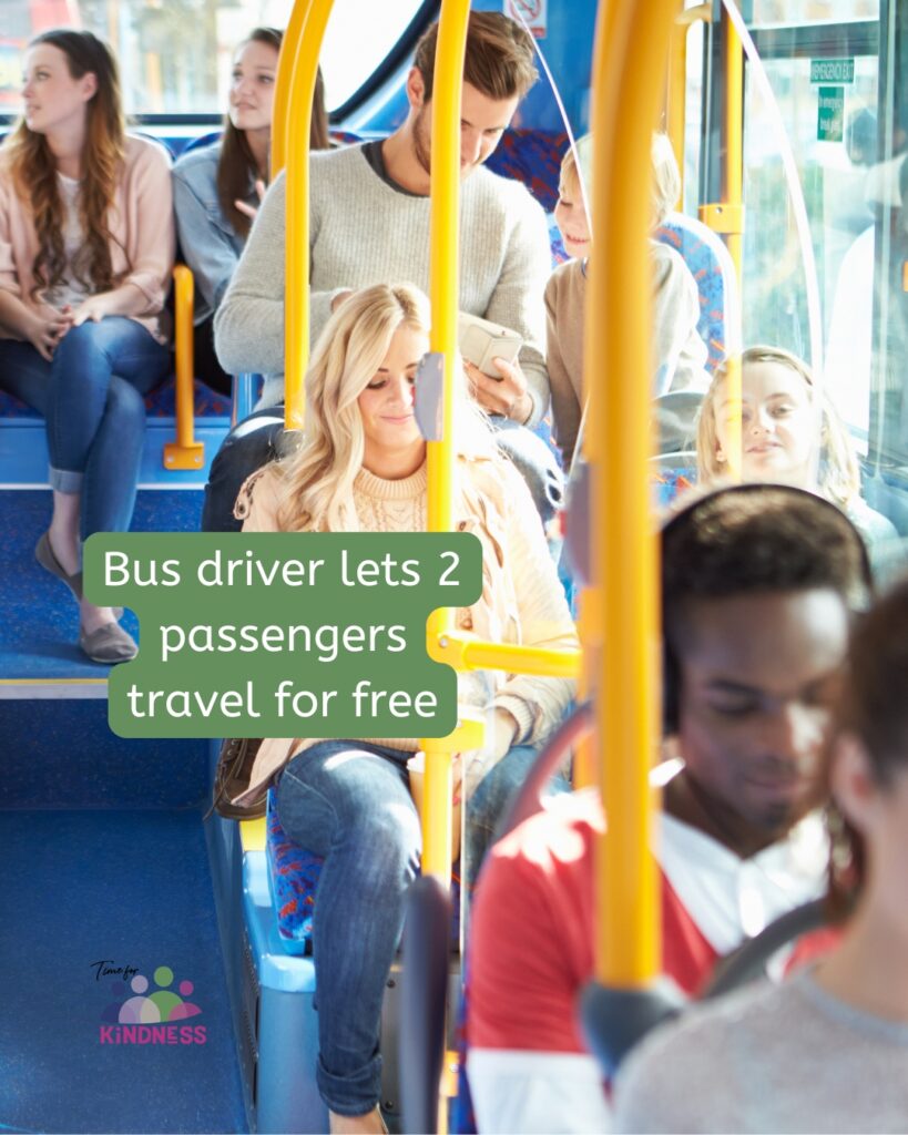 A view down a bus which a variety of people are sat on. Text overlaid reads "bus driver lets 2 passengers travel for free.”