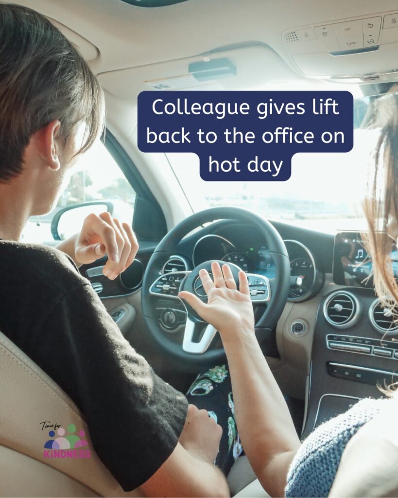 View from the backseat of a car at two people sitting in the front. Text overlaid reads “Colleague gives lift back to the office on hot day.”