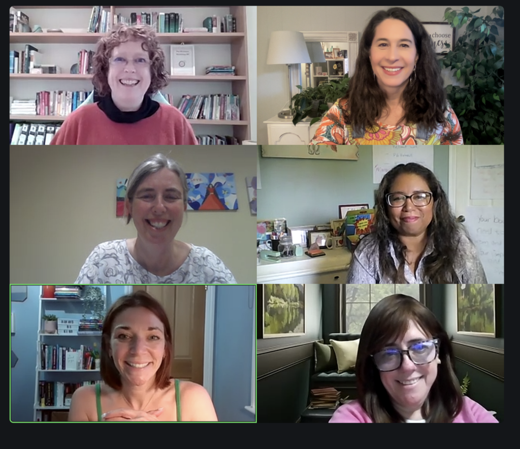 Six femme presenting people on a Zoom call, all smiling.