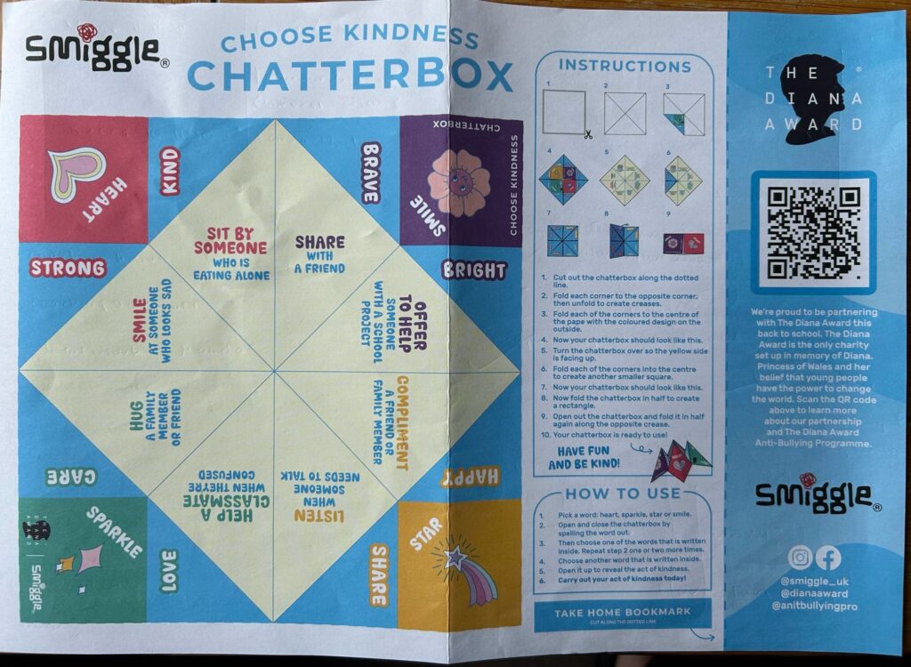 A Smiggle craft project titled “choose kindness chatterbox” There is a large box in the middle with suggestions of kindness to do such as sit with someone, compliment someone, offer to help someone with a school project and hug a friend.” The instructions to the side show how to cut and fold it to randomly choose a kind act to do.