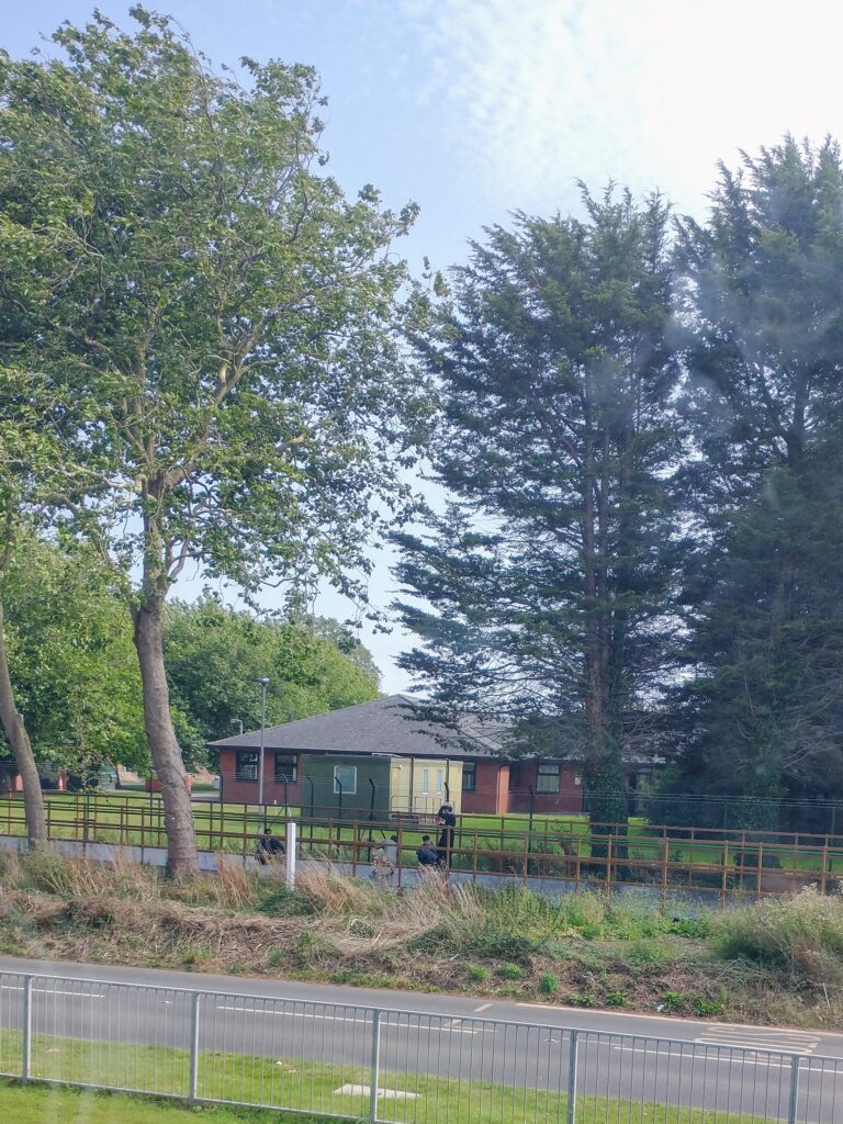 View across a road to a raised footpath where four boys are sitting. Beyond the path are some large trees and buildings.