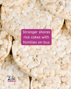 A pile of rice cakes with text overlaid reading “Stranger shares rice cakes with families on bus.”