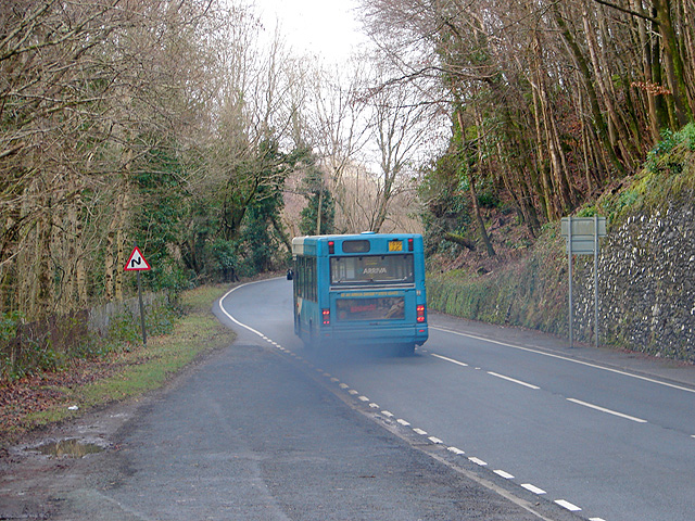 a blueish green bus driving along a country road. Either side of the road are woodlands, and a wall is just visible tapering away on the far side of the road.