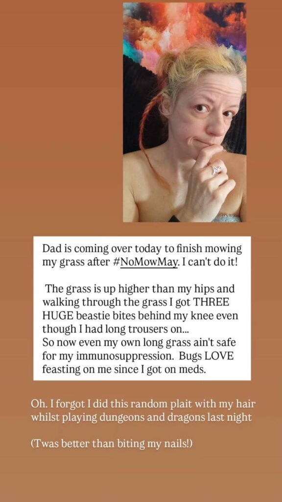 An Instagram story with a photo of a person with bleach blonde hair tied in short plaits above text reading "Dad is coming over today to finish mowing my grass after #NoMowMay. I can't do it! The grass is up higher than my hips and walking through the grass I got THREE HUGE beastie bites behind my knee even though I had long trousers on... So now even my own long grass ain't safe for my immunosuppression. Bugs LOVE feasting on me since I got on meds. Oh. I forgot I did this random plait with my hair whilst playing dungeons and dragons last night. (Twas better than biting my nails!)"