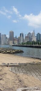 Lower Manhattan Skyline seen from Brooklyn Bridge Park. In the foreground is a sand beach leading to a body of water across from which the skyscrapers of New York are visible.]