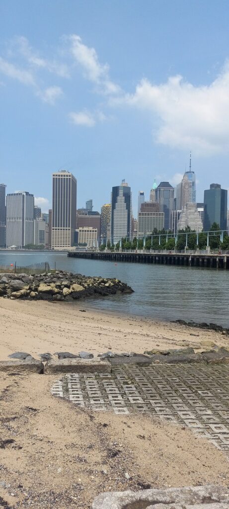 Lower Manhattan Skyline seen from Brooklyn Bridge Park. In the foreground is a sand beach leading to a body of water across from which the skyscrapers of New York are visible.]