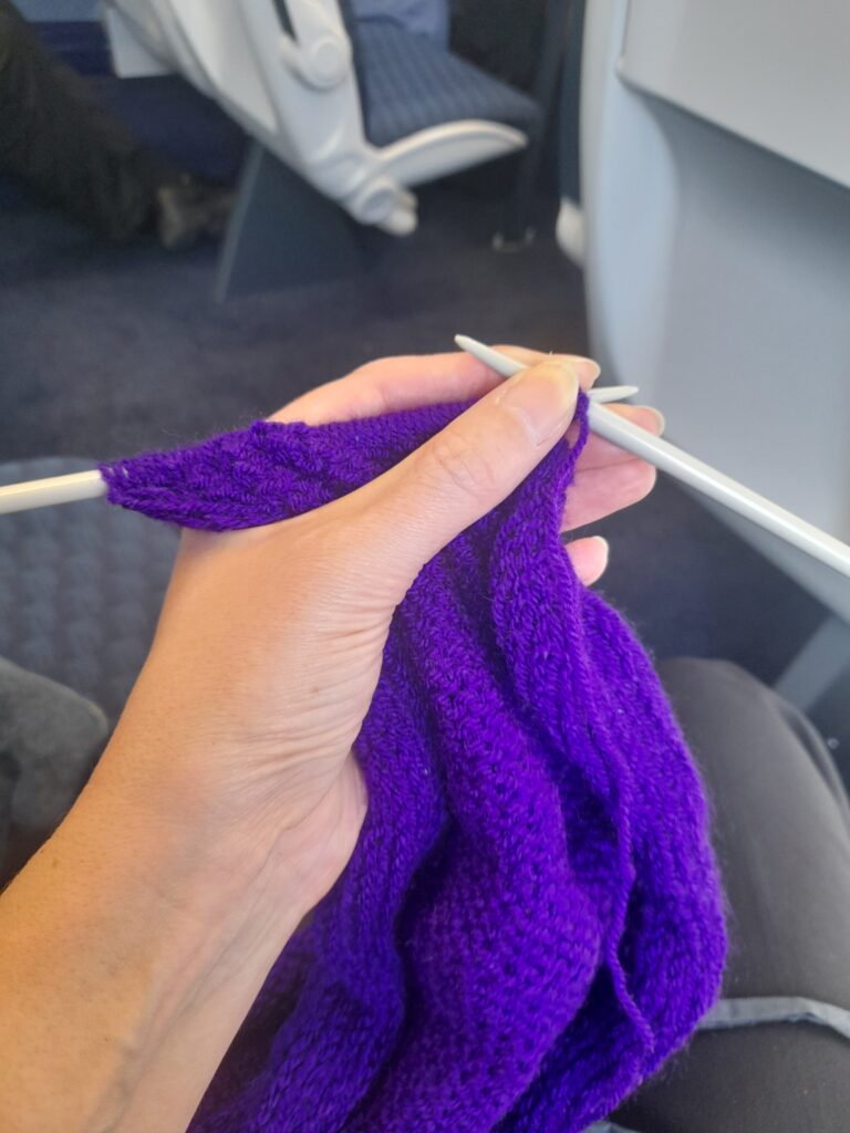 hands with light skin tone holding a rich purple piece of knitting with two knitting needles. Visible in the background is a train carriage
