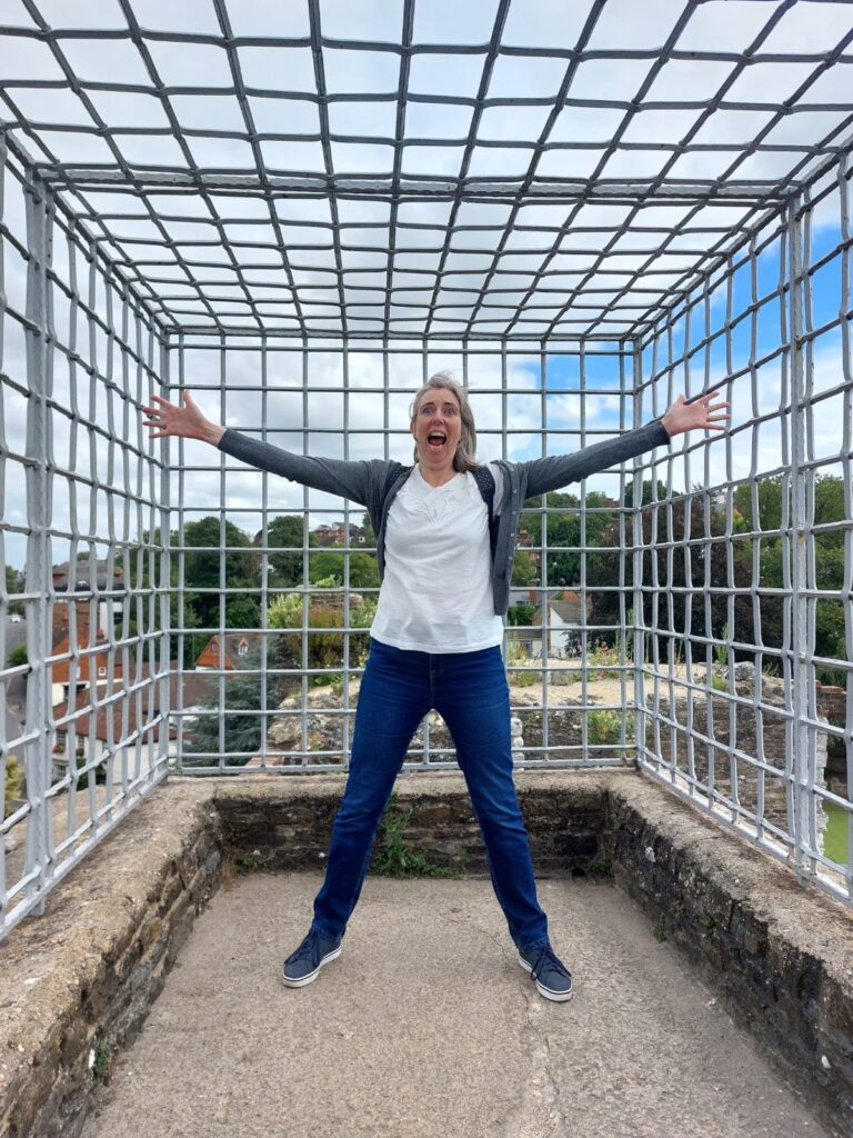 Sarah, a woman with light skin tone and long grey hair tied back stands in a cage. The floor is stone with a very short stone wall around it on top of which is a large metal cage. Sarah stands arms and legs spread, mouth wide in a scared face. Through the cage a blue sky with white clouds and a village with trees is visible.
