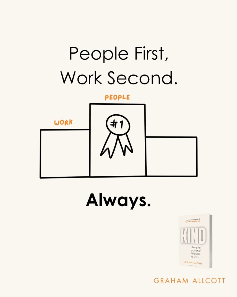 Text reading “people first, work second, always” around a medal podium with a number one ribbon on the tallest podium and the word “people” on that platform, and “work” on the second place platform. In the corner is the book Kind by Graham Allcott.