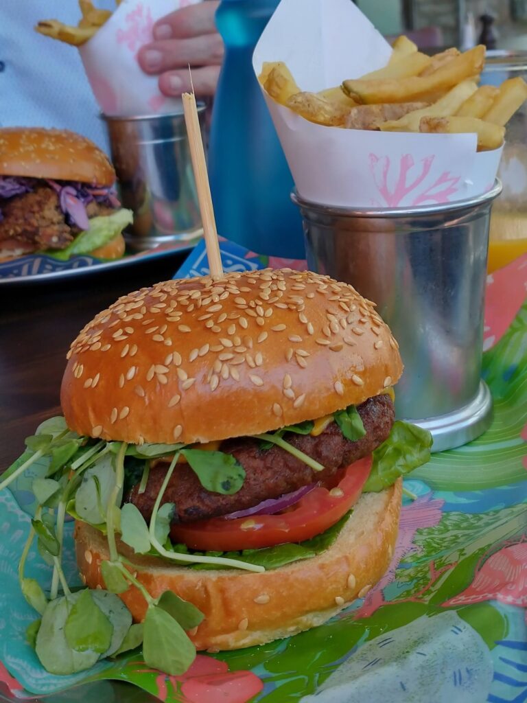 a burger with salad in a burger bun on a plate with a cone of chips beside it.